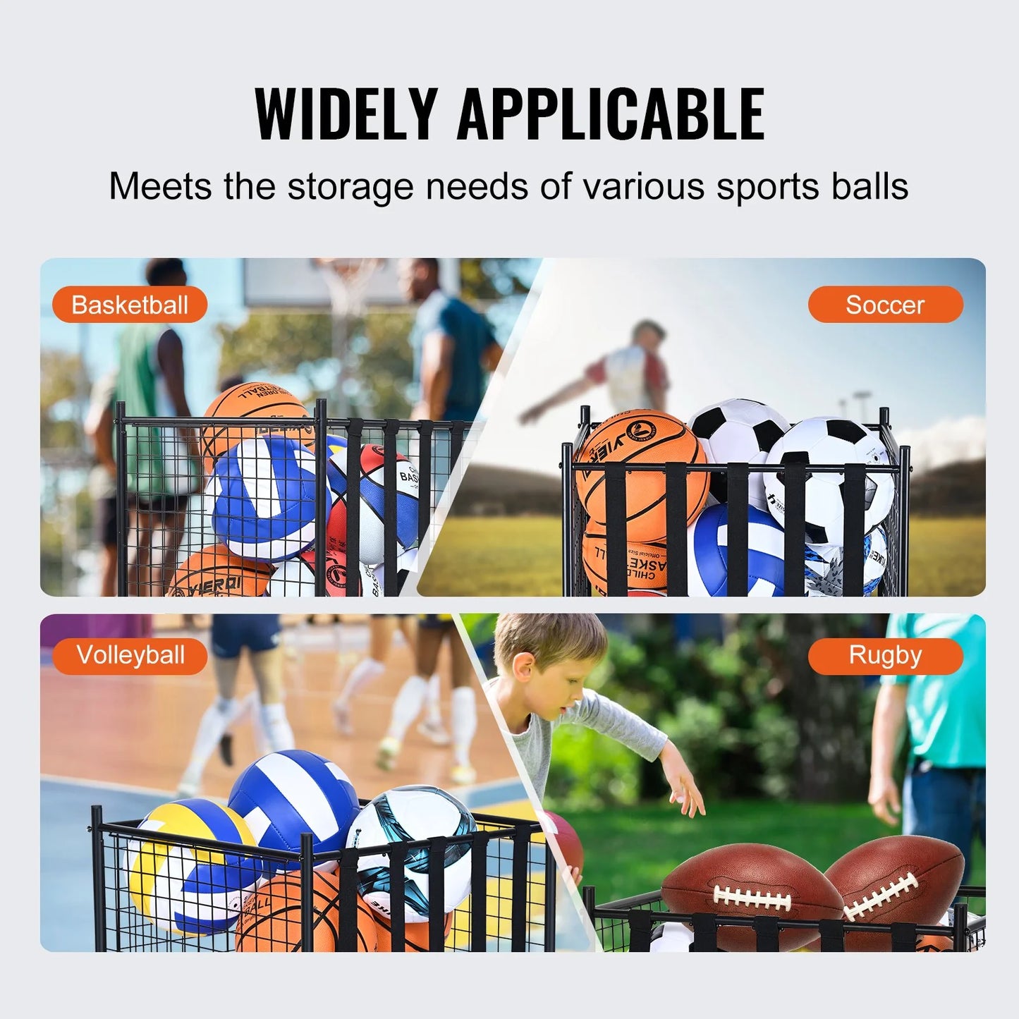 VEVOR Lockable Rolling Sports Ball Storage Cart - Durable Steel Organizer with Elastic Straps for Indoor & Outdoor Use, Perfect for Gyms, Schools, and Garages