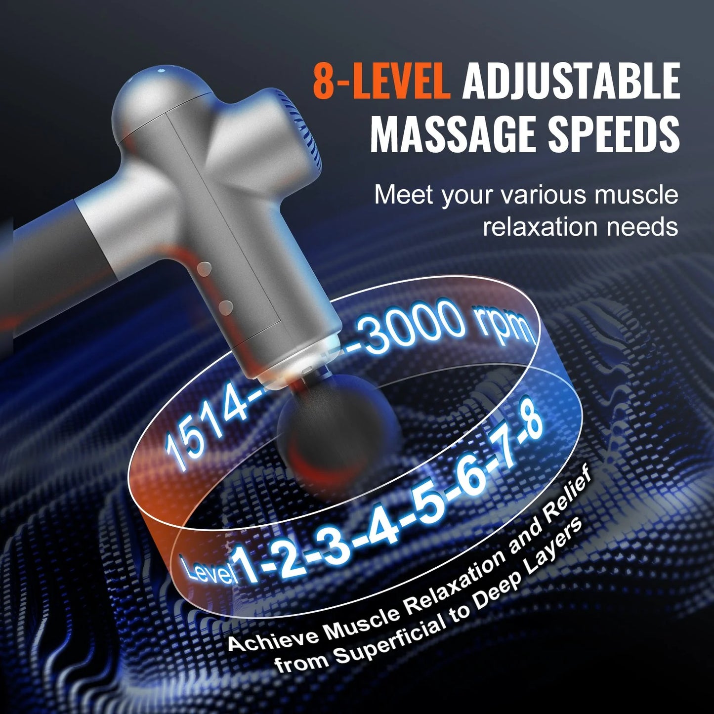 VEVOR Deep Tissue Massage Gun - Powerful Percussion Therapy for Athletes, 8 Speed Levels & 6 Massage Heads for Ultimate Pain Relief and Muscle Relaxation