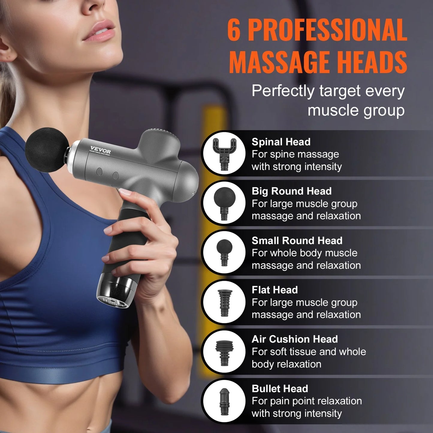 VEVOR Deep Tissue Massage Gun - Powerful Percussion Therapy for Athletes, 8 Speed Levels & 6 Massage Heads for Ultimate Pain Relief and Muscle Relaxation